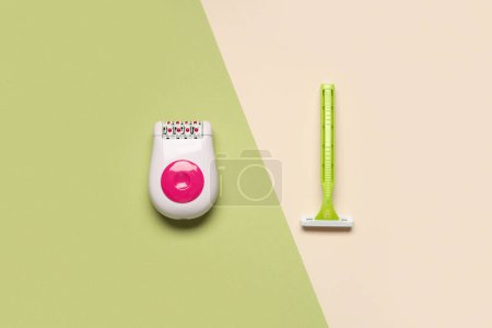 Photo for Modern epilator with razor on color background - Royalty Free Image