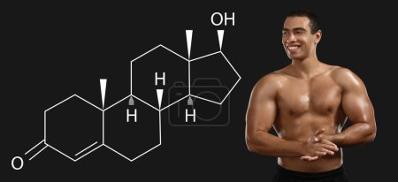 Sporty man and structural chemical formula of testosterone hormone on dark background