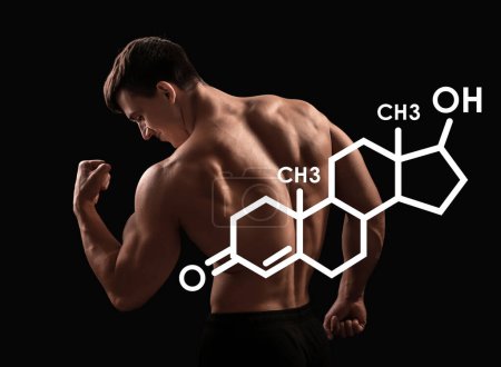 Sporty man and structural chemical formula of testosterone hormone on dark background