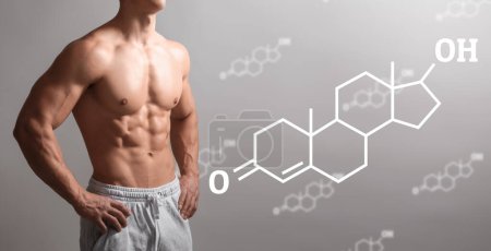 Hombre deportivo y fórmula química estructural de la hormona testosterona sobre fondo gris
