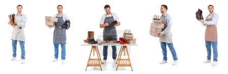 Collage of male shoemaker on white background