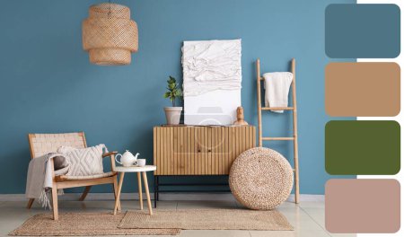 Stilvolles Wohnzimmer mit Sessel, Kommode und Tisch. Verschiedene Farbmuster