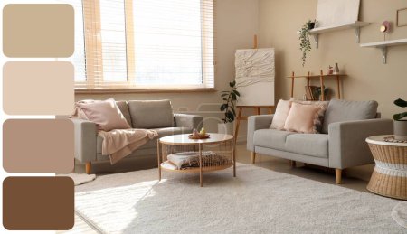 Helles Wohnzimmer mit grauen Sofas, Teppich und Tisch. Verschiedene Farbmuster