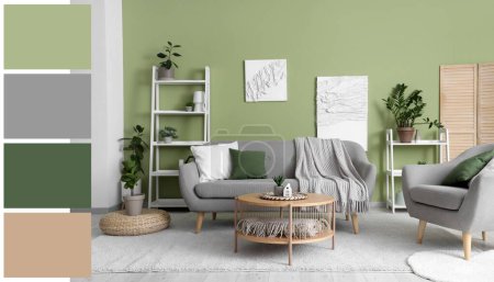 Modernes Wohnzimmer mit gemütlichem Sofa, Sessel und Tisch. Verschiedene Farbmuster