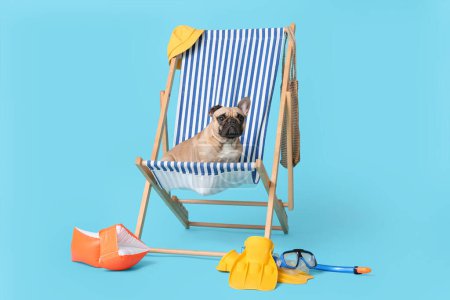 Cute French bulldog sitting on deckchair near swimming accessories against blue background
