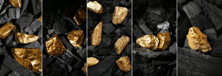 Photo for Collage of golden nuggets on black charcoal - Royalty Free Image