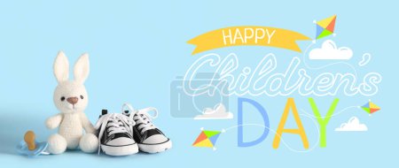 Banner festivo para el Día de los Niños con juguete, zapatos de bebé y chupete