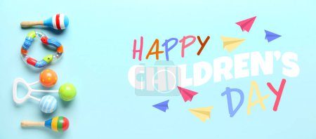 Banner festivo para el Día de los Niños con juguetes para bebés
