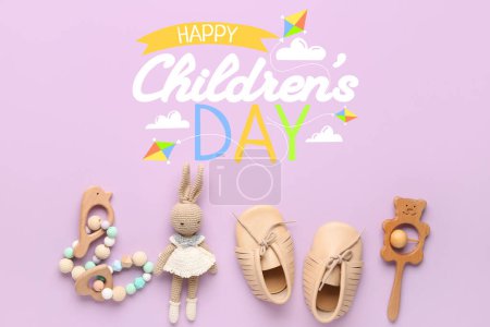 Banner festivo para el Día de los Niños con botines y juguetes para bebés