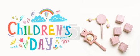 Banner festivo para el Día de los Niños con juguetes de madera
