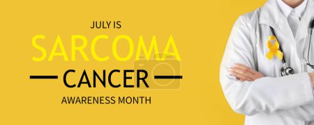 Photo for Doctor with yellow ribbon on color background. Banner for Sarcoma Cancer Awareness Month - Royalty Free Image