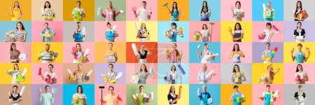 Collage de nombreuses personnes avec des fournitures de nettoyage sur fond de couleur