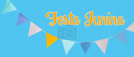Garland and text FESTA JUNINA (June Festival) on blue background