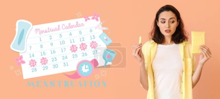 Photo for Young woman with pad, tampon and drawn menstrual calendar on orange background - Royalty Free Image