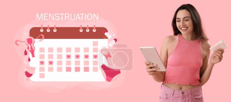 Photo for Young woman with tablet computer, pad and drawn menstrual calendar on pink background - Royalty Free Image