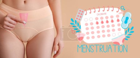 Photo for Young woman in menstrual panties, with silicone cup and drawn menstrual calendar on beige background - Royalty Free Image