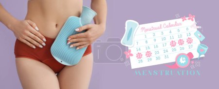 Photo for Young woman in menstrual panties, with hot water bottle and drawn menstrual calendar on lilac background - Royalty Free Image