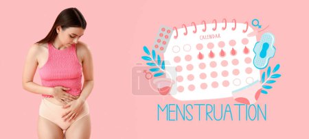 Photo for Young woman having cramps and drawn menstrual calendar on pink background - Royalty Free Image