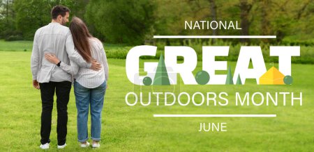 Banner for National Great Outdoors Month with loving couple walking in park