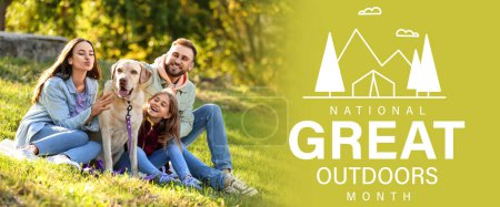 Banner for National Great Outdoors Month with happy family with Labrador dog in park