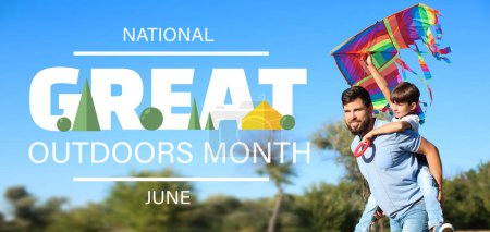 Banner for National Great Outdoors Month with father and his little son with kite