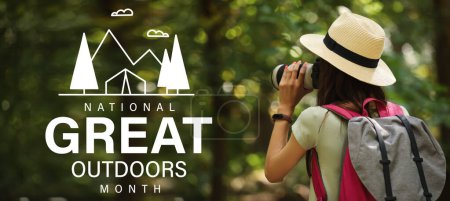 Banner for National Great Outdoors Month with female tourist with photo camera in park