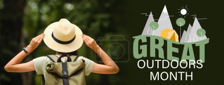 Banner for National Great Outdoors Month with female tourist in park