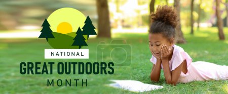 Banner for National Great Outdoors Month with little African-American girl reading book