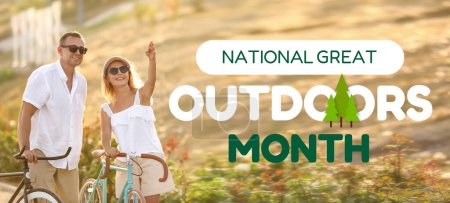 Banner for National Great Outdoors Month with mature couple with bicycles in park