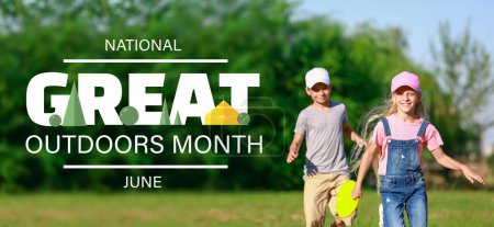 Banner for National Great Outdoors Month with little children playing frisbee in park