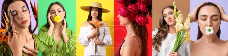 Foto de Colección de mujeres jóvenes atractivas con flores frescas sobre fondo de color - Imagen libre de derechos