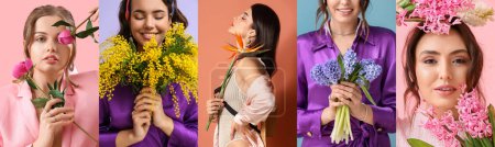 Foto de Collage de mujeres jóvenes atractivas con flores frescas sobre fondo de color - Imagen libre de derechos