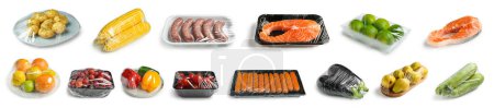 Foto de Set de alimentos frescos envueltos en plástico sobre fondo blanco - Imagen libre de derechos