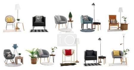 Téléchargez les photos : Collage de fauteuils élégants avec tables, plantes d'intérieur et lampadaires sur fond blanc - en image libre de droit