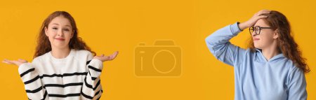Photo for Young embarrassed women on yellow background with space for text - Royalty Free Image