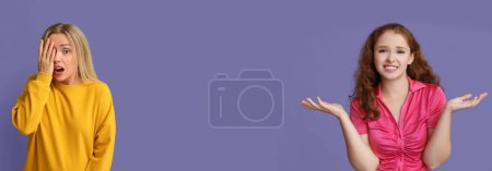 Photo for Young women feeling shame on lilac background with space for text - Royalty Free Image