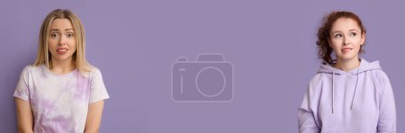 Photo for Young embarrassed women on lilac background with space for text - Royalty Free Image