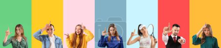 Photo for Collage of young people showing loser gesture on color background - Royalty Free Image
