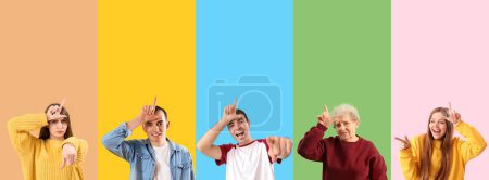 Collage von Menschen mit Verlierer-Geste auf farbigem Hintergrund