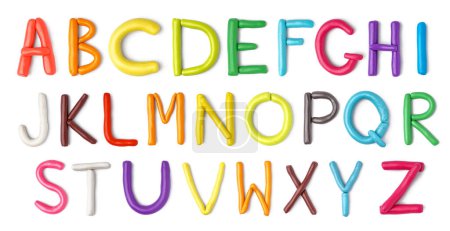 English alphabet made of play dough on white background