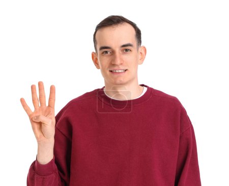Foto de Joven mostrando cuatro dedos sobre fondo blanco - Imagen libre de derechos