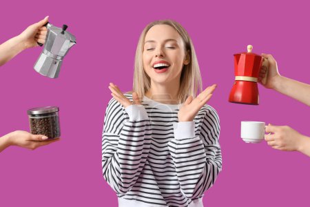 Pretty young woman surrounded by many hands with geyser coffee makers, beans and cup on purple background