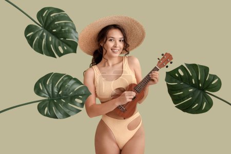 Sexy young woman in swimsuit playing ukulele on green background with tropical leaves