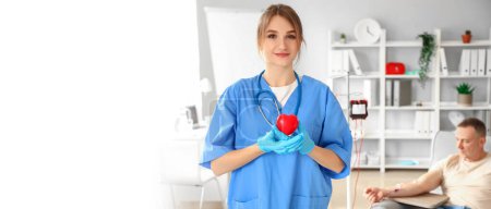 Female nurse with small heart in clinic. Banner for design