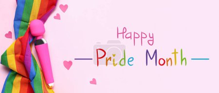 Bannière pour Happy Pride Month avec drapeau LGBT et vibromasseur