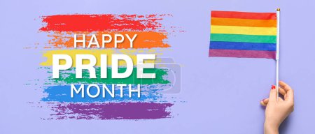 Banner for Happy Pride Month with female hand holding LGBT flag