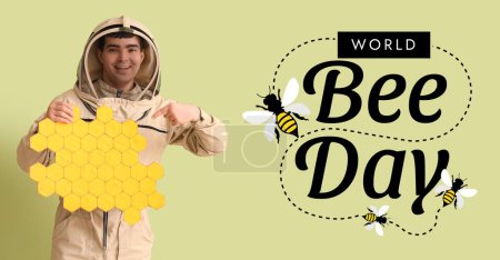 Bannière pour la Journée mondiale de l'abeille avec apiculteur et nids d'abeilles en papier