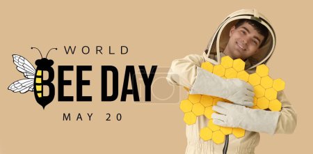 Banner for World Bee Day with beekeeper and paper honeycombs