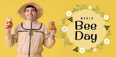 Banner for World Bee Day with beekeeper with jars of sweet honey