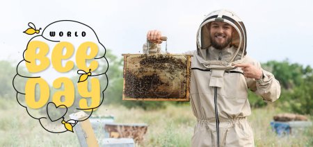 Bannière pour la Journée mondiale de l'abeille avec un apiculteur travaillant dans son rucher